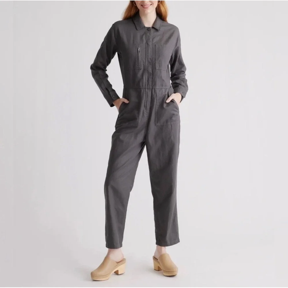 Quince Cotton Linen Twill Long Sleeve Coverall Jumpsuit Charcoal Grey XS
